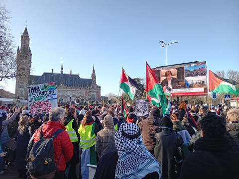 Crowd gathered in support of Palestine at the International Court of Justice