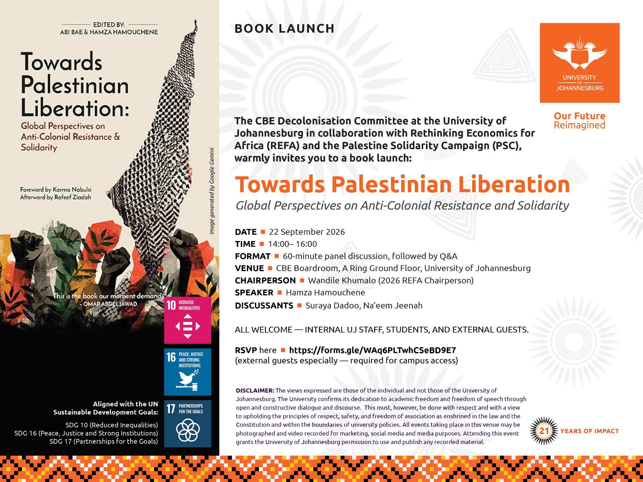 Towards Palestinian Liberation event at the University of Johannesburg on 22 September 2026