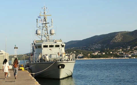 A Frontex ship used to intercept refugee boats from Turkey sits docked in the harbor on May 19, 2018, in Mytilene, Greece.