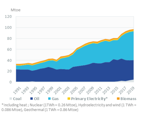 Figure I: Consumption trends by energy source (in Million Tonnes of Oil Equivalent, Mtoe)