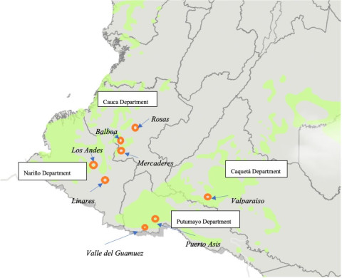 Location of municipalities included in the study in relation to general coca leaf farming in Colombia 2017 