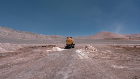 Sulphuric acid truck along the mining route next to the Lomas Bayas copper mine 