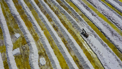 Aerial view of brine ponds and processing areas of the lithium mine of the Chilean company SQM (Sociedad Quimica Minera) in the Atacama Desert, Calama, Chile, on September 12, 2022.
