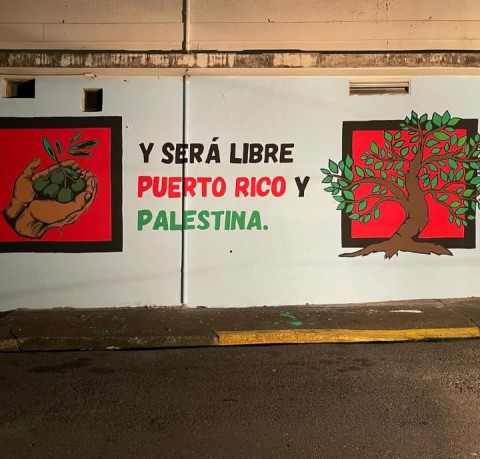 Community mural in solidarity with Palestine created by the Colectiva Feminista en Construcción in November 2023 in Rio Piedras.