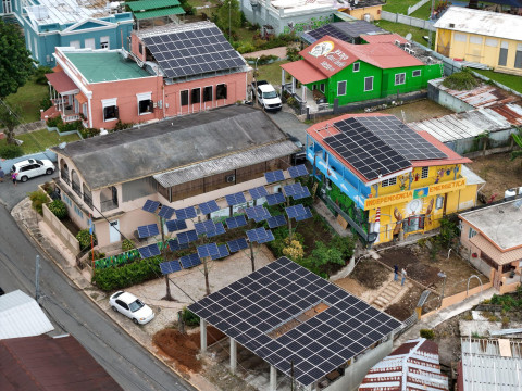 Photo of ‘Plaza Solar’ in Adjuntas, Casa Pueblo's energy independence square, which has 120 solar panels capable of producing 55 kilowatts for the entire town