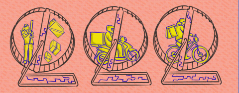 Platforms and labour image - workers on three treadmills