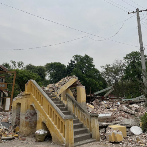 Collapsed monastery walls in Sagaing Region