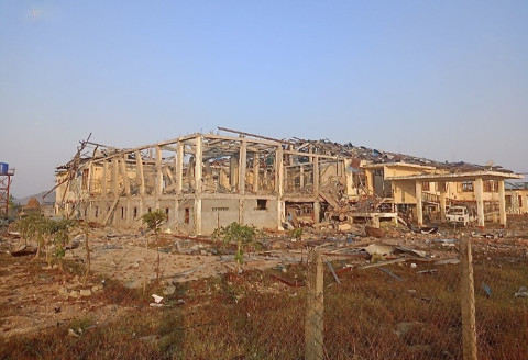 Hospital destroyed by Myanmar military bombing, Minbya township