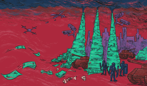 Illustration showing money floating towards burning stacks of money controlled by tanks, drones and police surrounded by dead landscapes