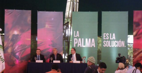 “Oil Palm is the Answer”. Slogan of the 1st Latin American Congress of Oil Palm Growers. Guatemala, October 2013. From left to right: Guatemala’s Minister of Economy, Guatemala’s President, and President of the Guatemalan Oil Palm Growers Guild.