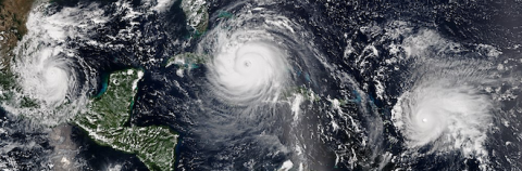 Satellite image of Hurricane Katia (left) making landfall over the Mexican state of Veracruz, Hurricane Irma (center) approaching Cuba, and Hurricane Jose reaching peak intensity on September 8, 2017.