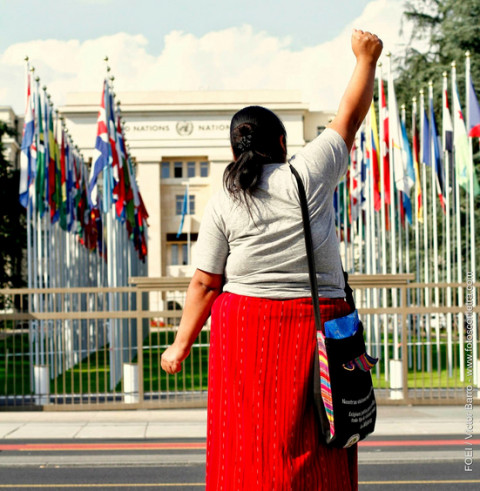 Micaela Antonio González, from the Civil Society Movement of Santa Cruz de Barillas (Guatemala), in front of the United Nations, Geneva, 25 June 2014