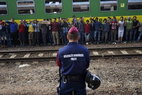 Syrian refugees strike at the platform of Budapest Keleti railway station. Refugee crisis. Budapest, Hungary, Central Europe, 4 September 2015.