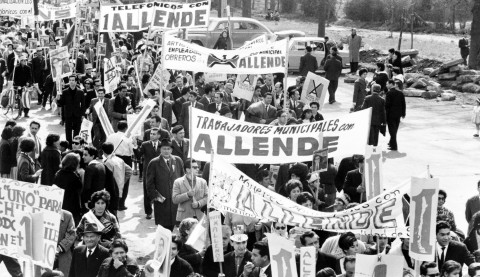 Marchers for Salvador Allende. A crowd of people marching to support the election of Salvador Allende for president in Santiago, Chile.