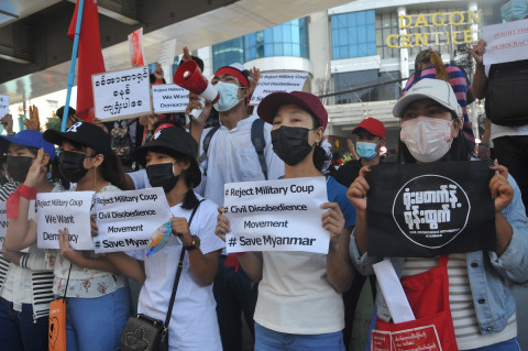 Demonstrations in Yangon on Union Day, 12 February 2021