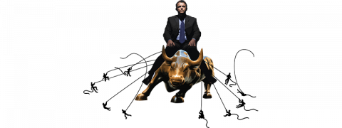 Image of financial corporation  - wall street bull with businessman