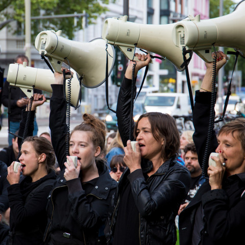 MEGAFONCHOR does a performance piece against gentrification as part of the protests in Hamburg during the G20 meeting of 2017