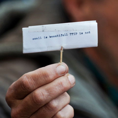 A small protest sign saying 'small is beautiful, TTIP is not'