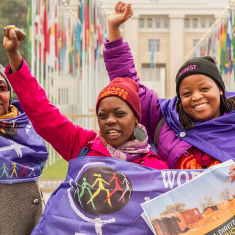 World March of Women leaders in front of UN offices in Geneva during Week of Mobilisation on occasion of the negotiations for a Binding Treaty on Human Rights and Transnational Corporations and other enterprises
