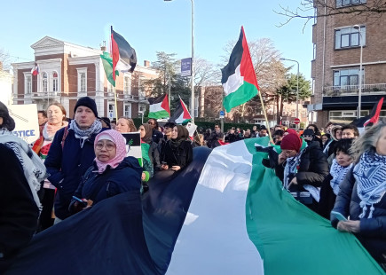 A big Palestine flag being displayed at the International Court of Justice