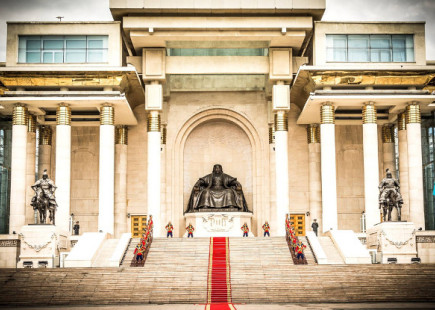 Ghenghis Khans statue in front of Mongolia's Presidential Palace