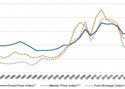 Figure 1: Food, fuel (energy) and metals commodity price indexes 1992-2017 (2005=100)