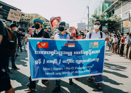 Youths from Mon, Karen and Pa-O communities holding anti-dictatorship banner, Mawlamyine, Mon State