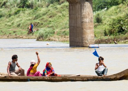 Protestors in a boat rally at Narmada Dam calling for full rehabilitation of affected communities