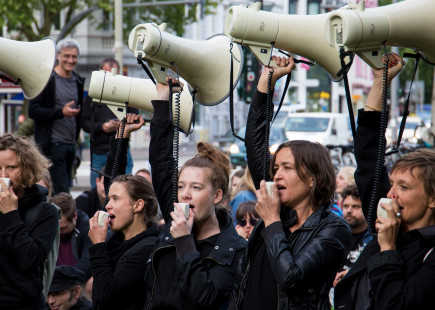 MEGAFONCHOR does a performance piece against gentrification, as part of the protests in Hamburg, during the G20 meeting of 2017