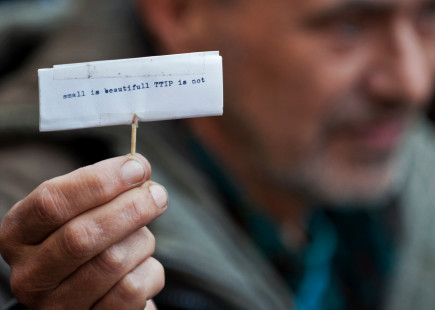 A small protest sign saying 'small is beautiful, TTIP is not'